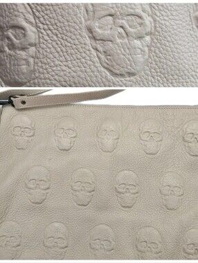 IO Pelle Leather Skull Crossbody Handbag Embossed 3D Cream Beige NEW Goth Punk